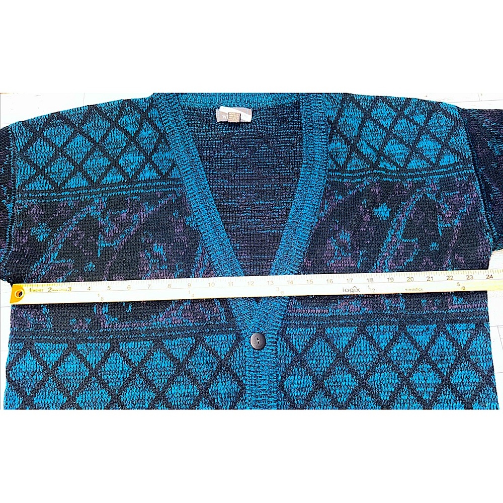 Vintage Sir William Sz L Cardigan Grandpa Sweater Mens Green Geometric Grunge - Picture 5 of 6